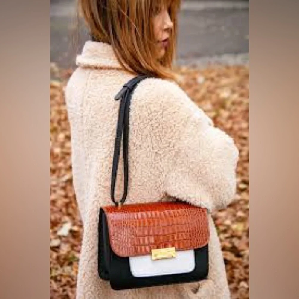 Gigi New York Abigail Leather Crossbody Bag Croc Embossed Black Brown White Gold - Picture 2 of 10